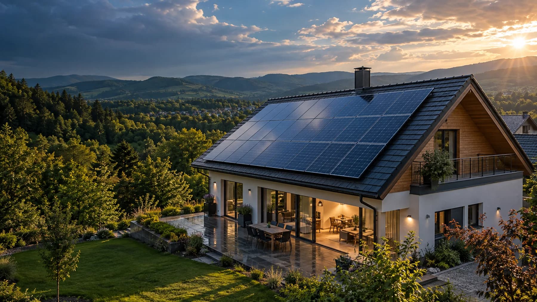 Locuință contemporană cu panouri fotovoltaice pe acoperiș, într-un peisaj verde